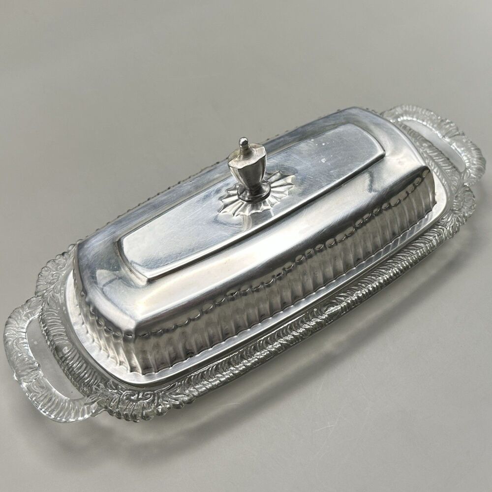 Vintage Covered  Butter Dish Metal Lid Pressed Glass Starburst Pattern Bottom